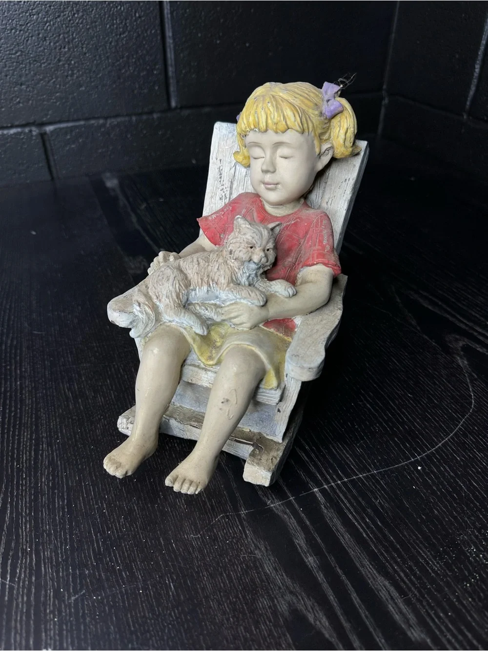 Vintage Resin Yard Art Sculpture- Girl with Cat Figurine - Yellow Skirt, Red Top